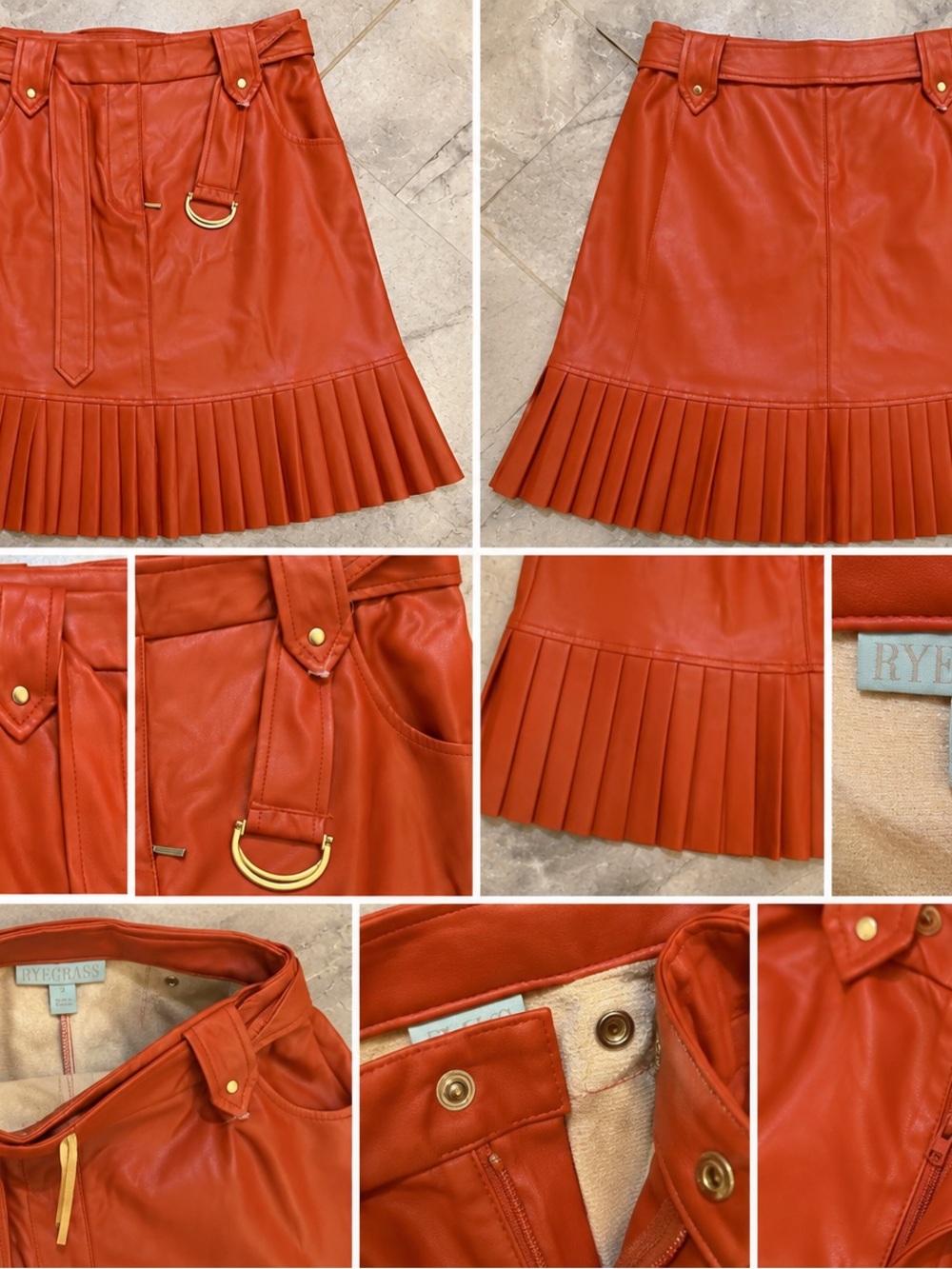 Ryegrass Rust Red Faux Leather Pleated Mini Skirt with D-Ring Detail